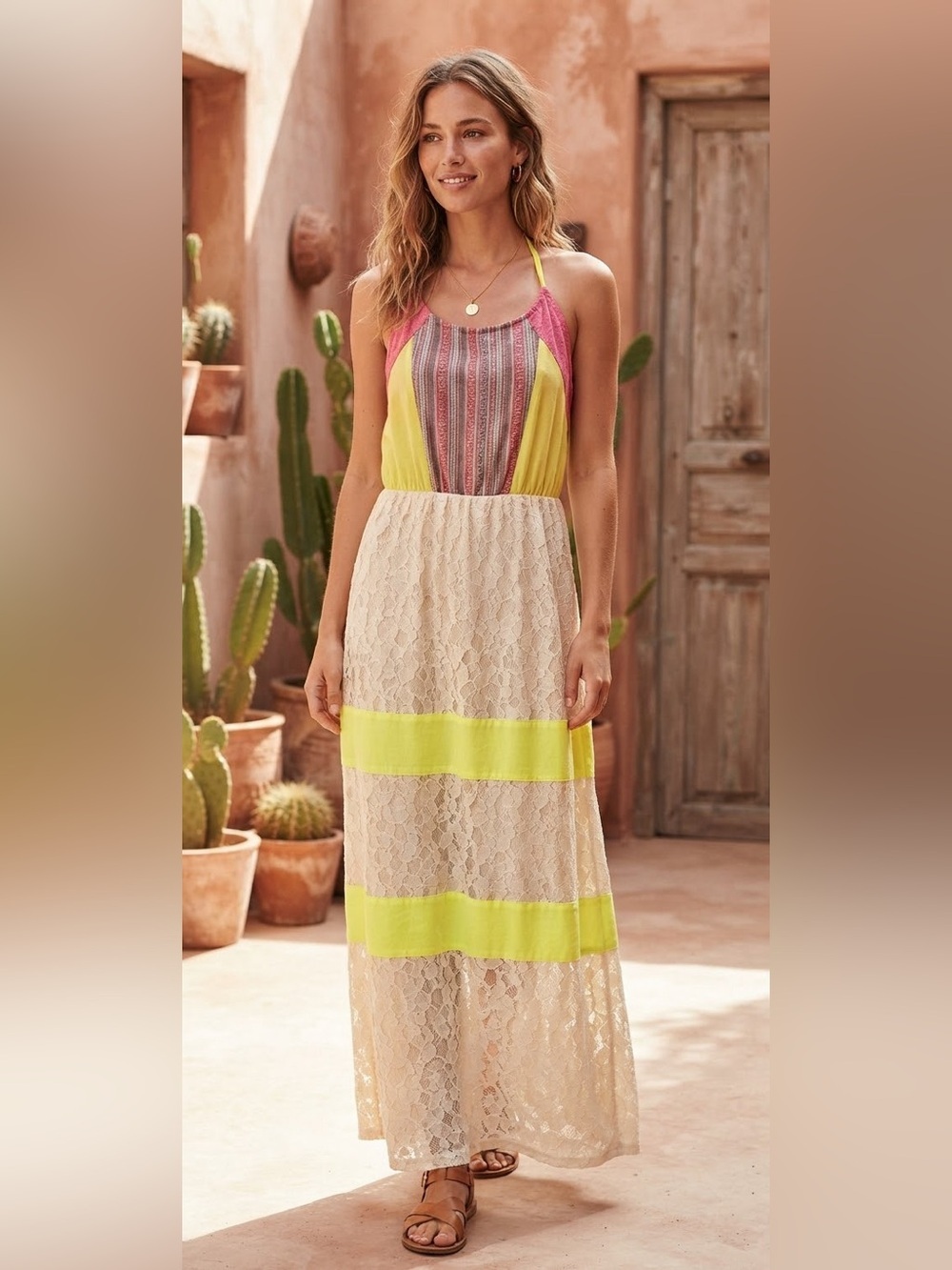 Flying Tomato Maxi Dress Sz M Halter Lacew Tassel Boho Color Block Empire Waist
